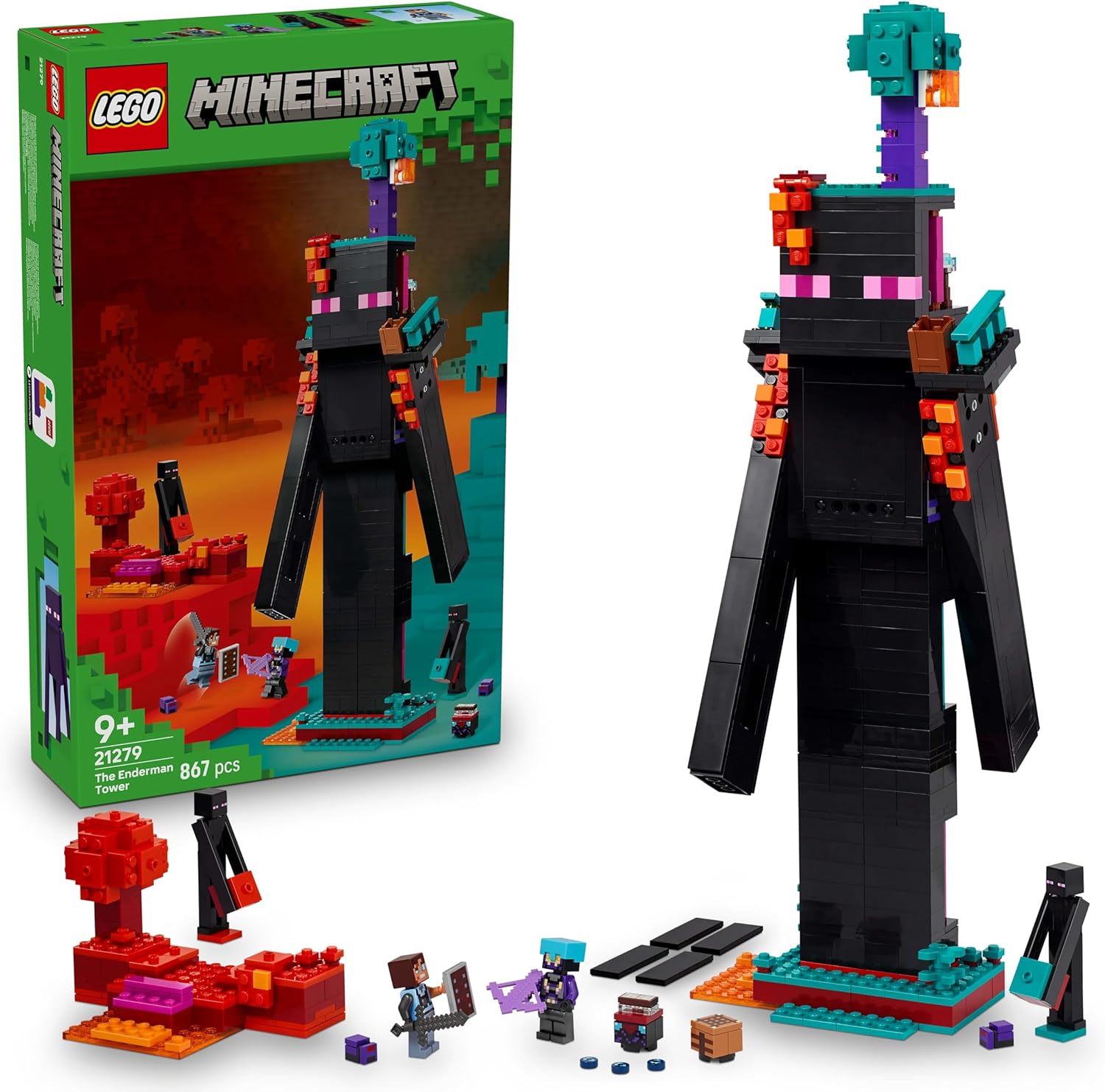 LEGO® Minecraft™ 21279 Der Enderman Turm LEGO® Minecraft™ 21279 Der Enderman Turm – Verpackung, Zubehör und Details sichtbar