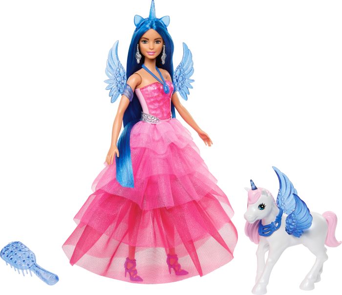 Barbie, 65th, Anniversary, Puppe, Einhorn-Thema, Blaues, Haar, Pinkes, Kleid, &, Alicorn-Haustier, HRR16