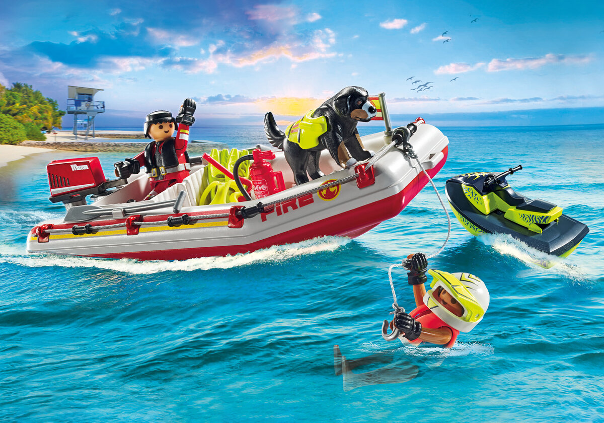 PLAYMOBIL 71464 Feuerwehrboot mit Aqua Scooter Weste, Wasser, Rettungsweste, Boot, Person