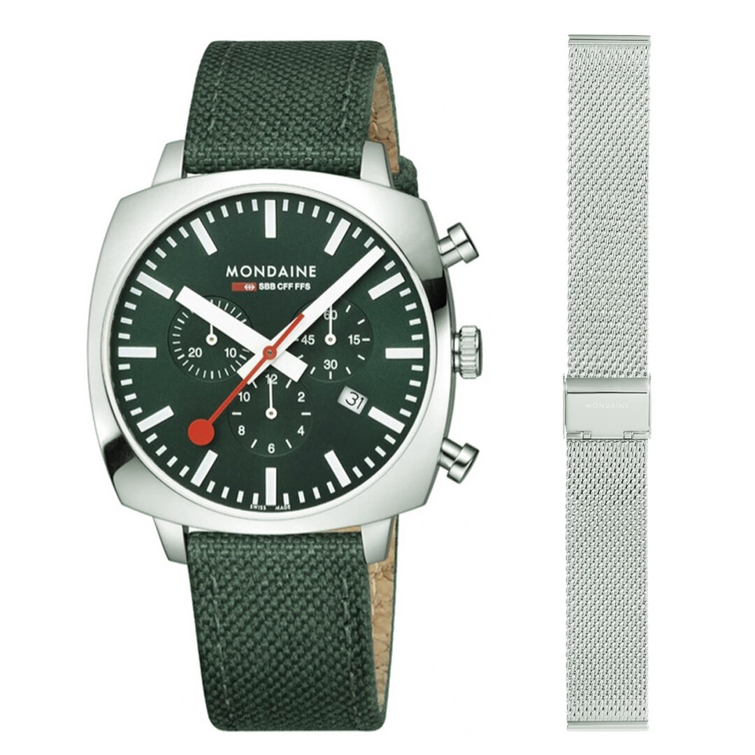 Mondaine Cushion 316L Stainless steel Grün MSL.41460.LF.SET Mondaine, Cushion, 316L, Stainless, steel, Grün, MSL.41460.LF.SET, Armbanduhr, Arm, Körperteil, Person
