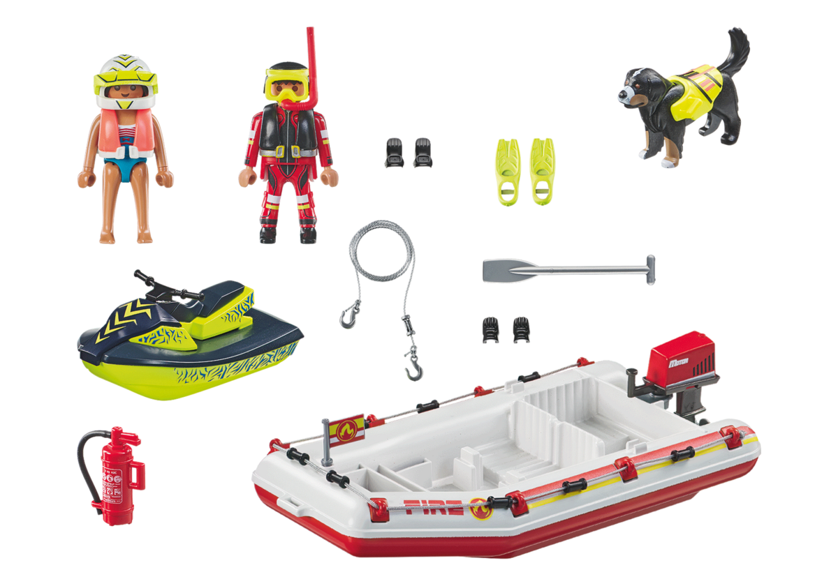 PLAYMOBIL 71464 Feuerwehrboot mit Aqua Scooter Bekleidung, Rettungsweste, Weste, Hund, Person