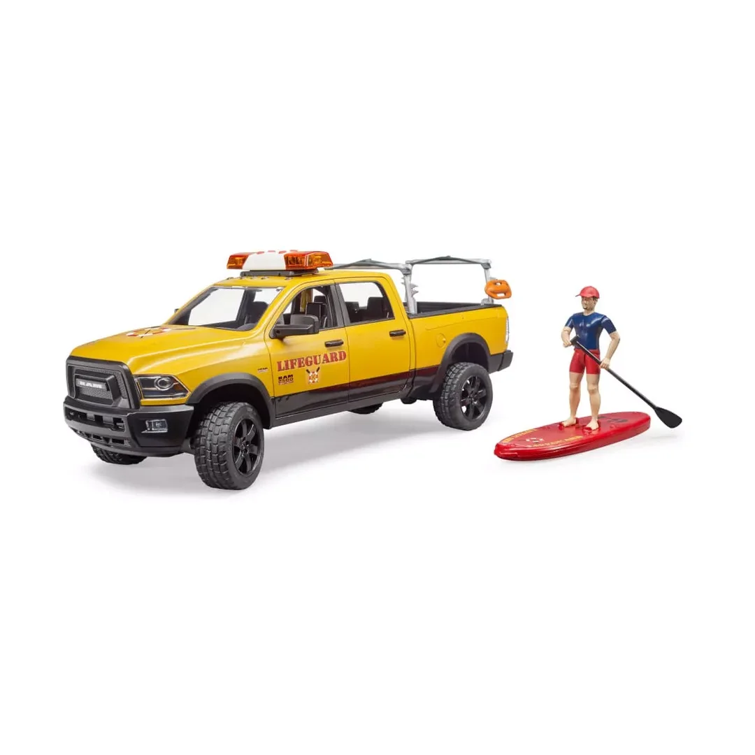 Bruder 02506 RAM 2500 Power Wagon Life Guard mit Figur, Stand Up Paddle und Light & Sound Modul