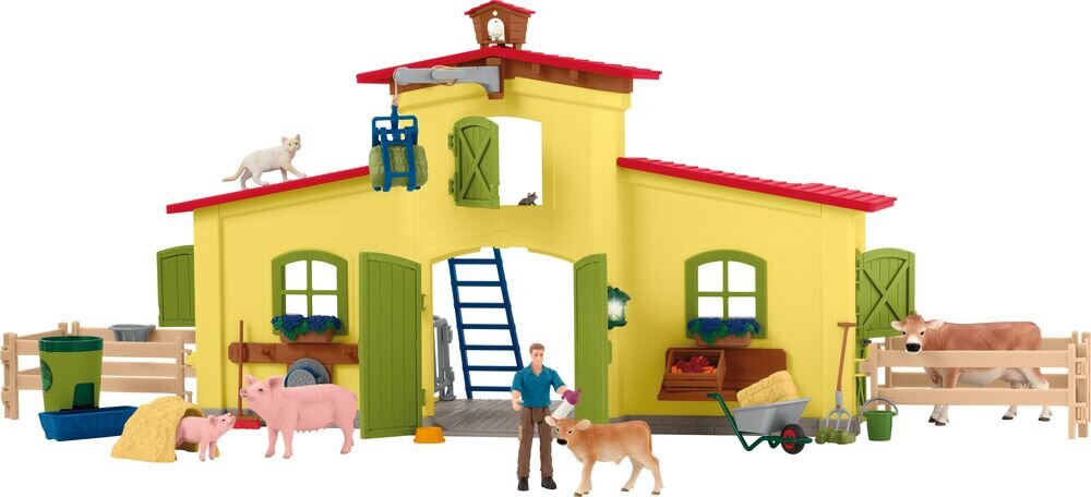 schleich Farm World 42605 Großer Stall mit Tieren und Zubehör Spielbereich, Person, Schuh, Lampe, Draußen