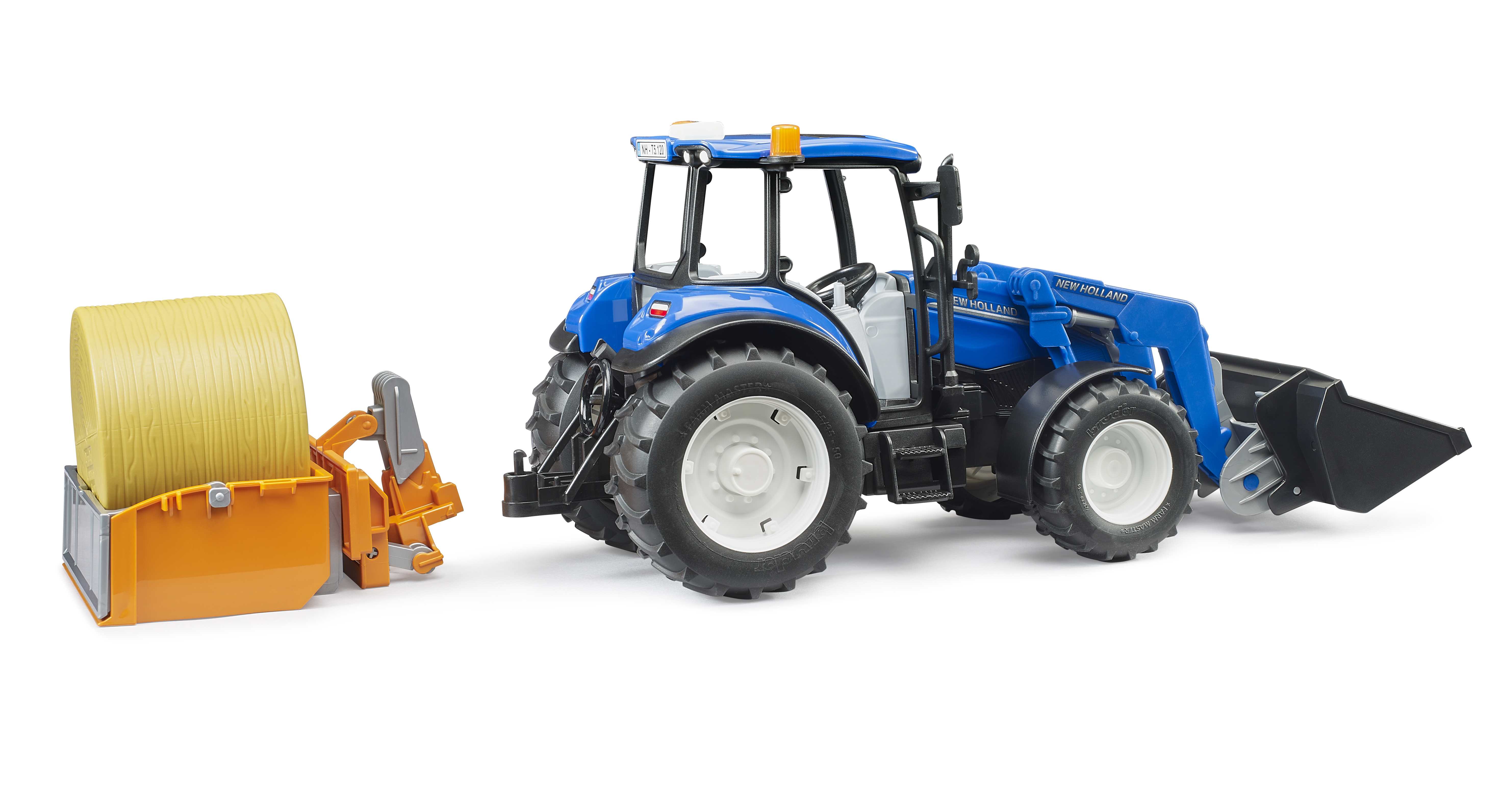 BRUDER 02187 - New Holland T5.120 mit Frontlader, Ladekasten, Gabeln und Rundballen - Bild 4