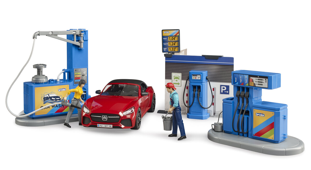 Bruder 62111 Bworld Tankstelle Mit Waschplatz Bruder, 62111, Bworld, Tankstelle, Mit, Waschplatz, Maschine, Person, Rad, Gaspumpe, Pumpe