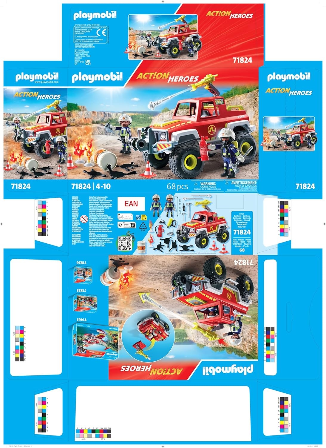 PLAYMOBIL 71824 - Action Heroes: Feuerwehrtruck mit Figur & Ölfass-Einsatz Werbung, Plakat, Helm, Person, Rad