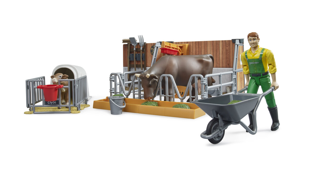 Bruder 62611 bworld Kuh- und Kälberstall mit Landwirt Person, Kuh, Säugetier, Maschine, Rad