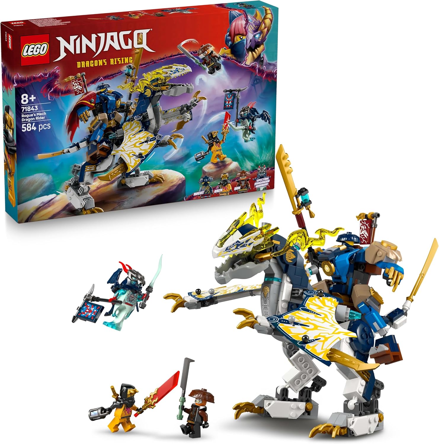 LEGO® NINJAGO® 71843 Rogues Mech Drachenreiter LEGO® NINJAGO® 71843 Rogues Mech Drachenreiter – Verpackung, Zubehör und Details sichtbar