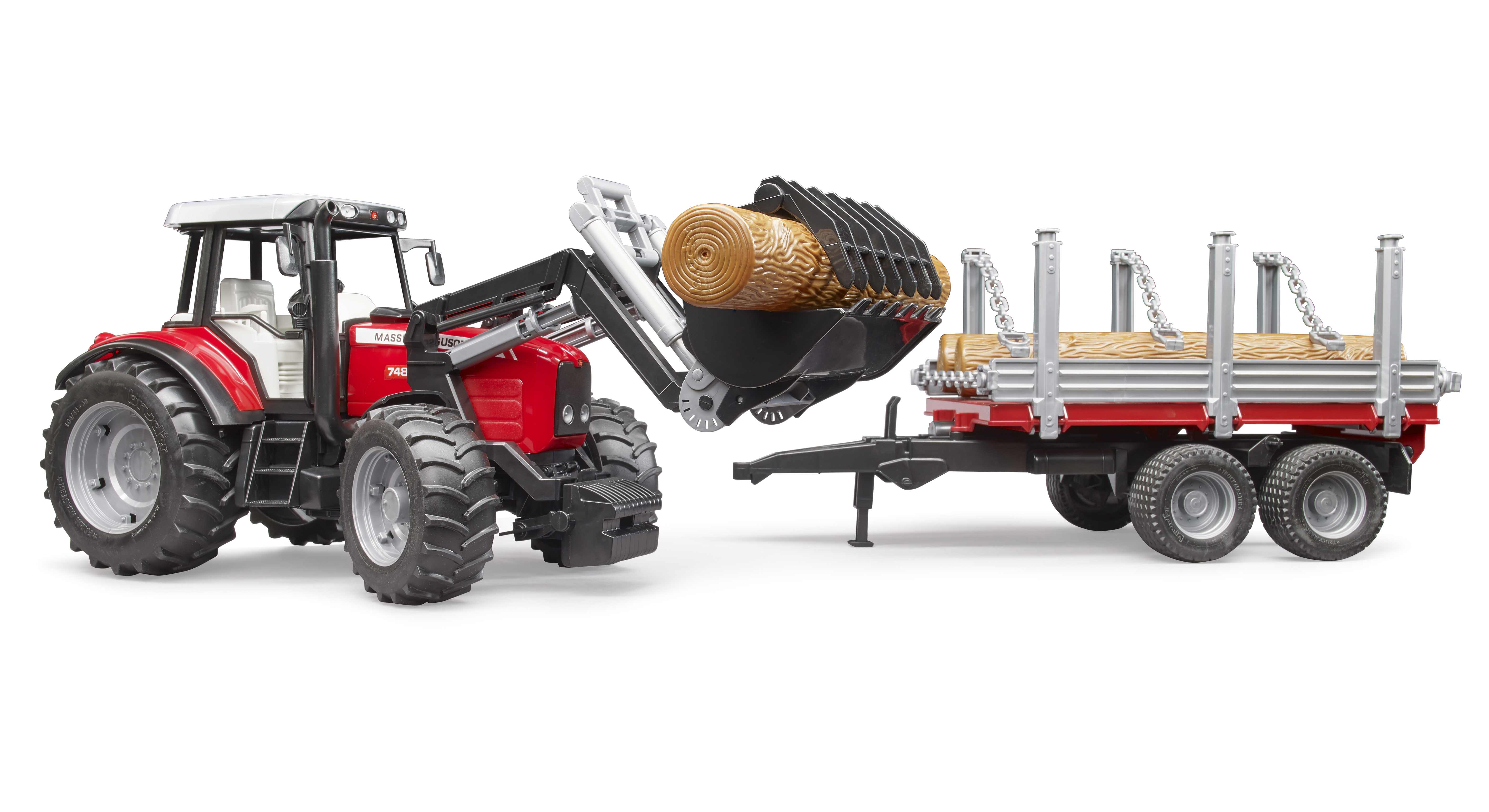 BRUDER 02046 - Massey Ferguson 7480 mit Frontlader, Holztransportanhänger und 3 Baumstämmen - Bild 5