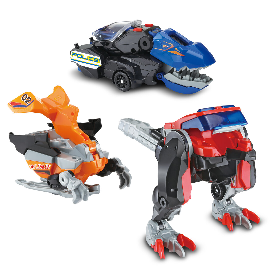 VTech Switch & Go Dinos 3-in-1 Super-T-Rex, ab 3 Jahren VTech Switch & Go Dinos 3-in-1 Super-T-Rex aus Kunststoff ~30 × 53 cm, transformiert zu Dino, Polizei-Auto & Helikopter mit über 30 Sound-Sätzen, LED-Effekten, Lautstärkeregler & kindersicher, 3 8 J., Spielzeug, Maschine, Rad, Roboter