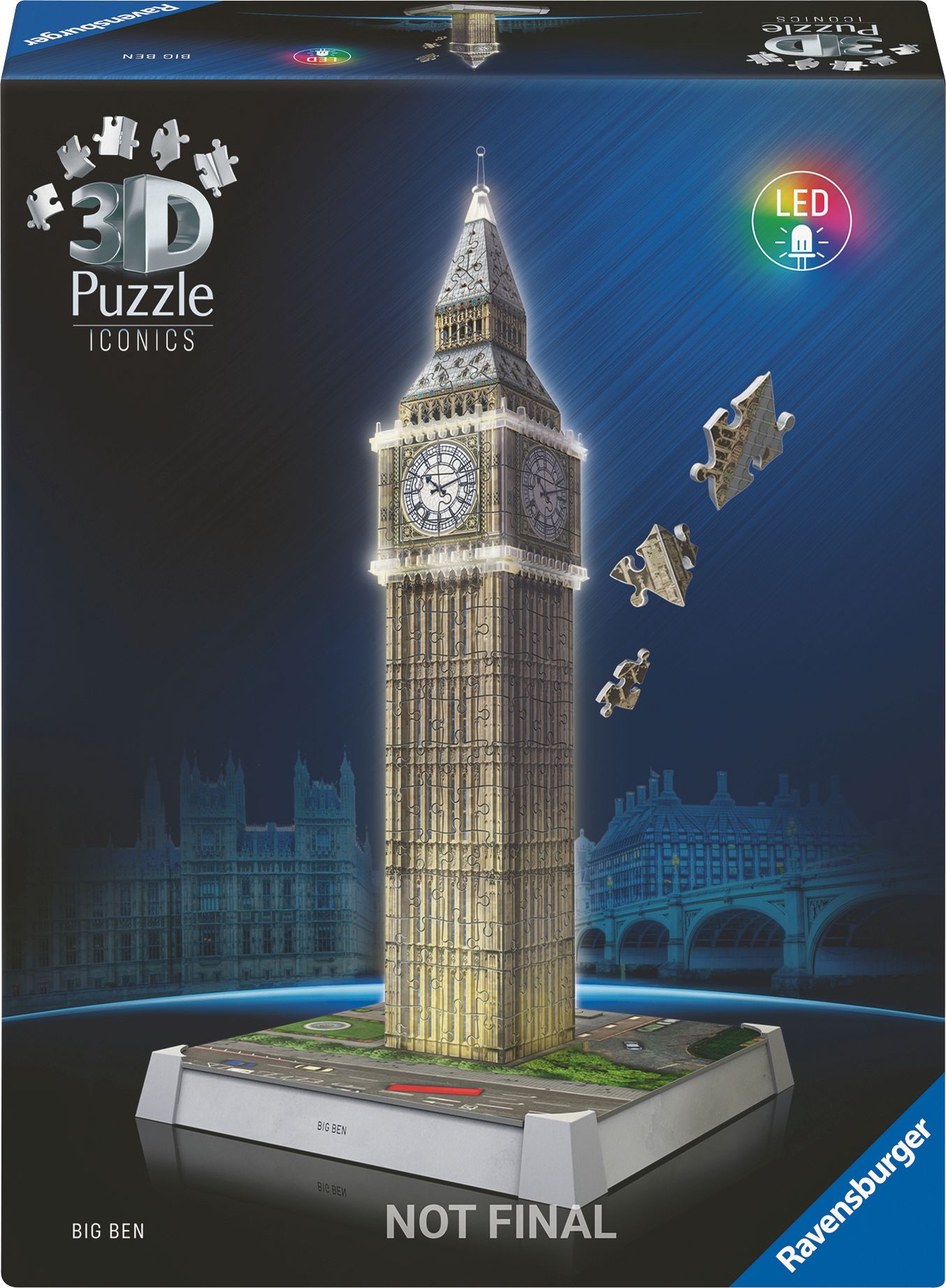 Ravensburger 3D Puzzle Iconics: 12008025 Big Ben mit Licht Das berühmte Wahrzeichen von London als detailgetreues Architektur, Gebäude, Glockenturm, Turm