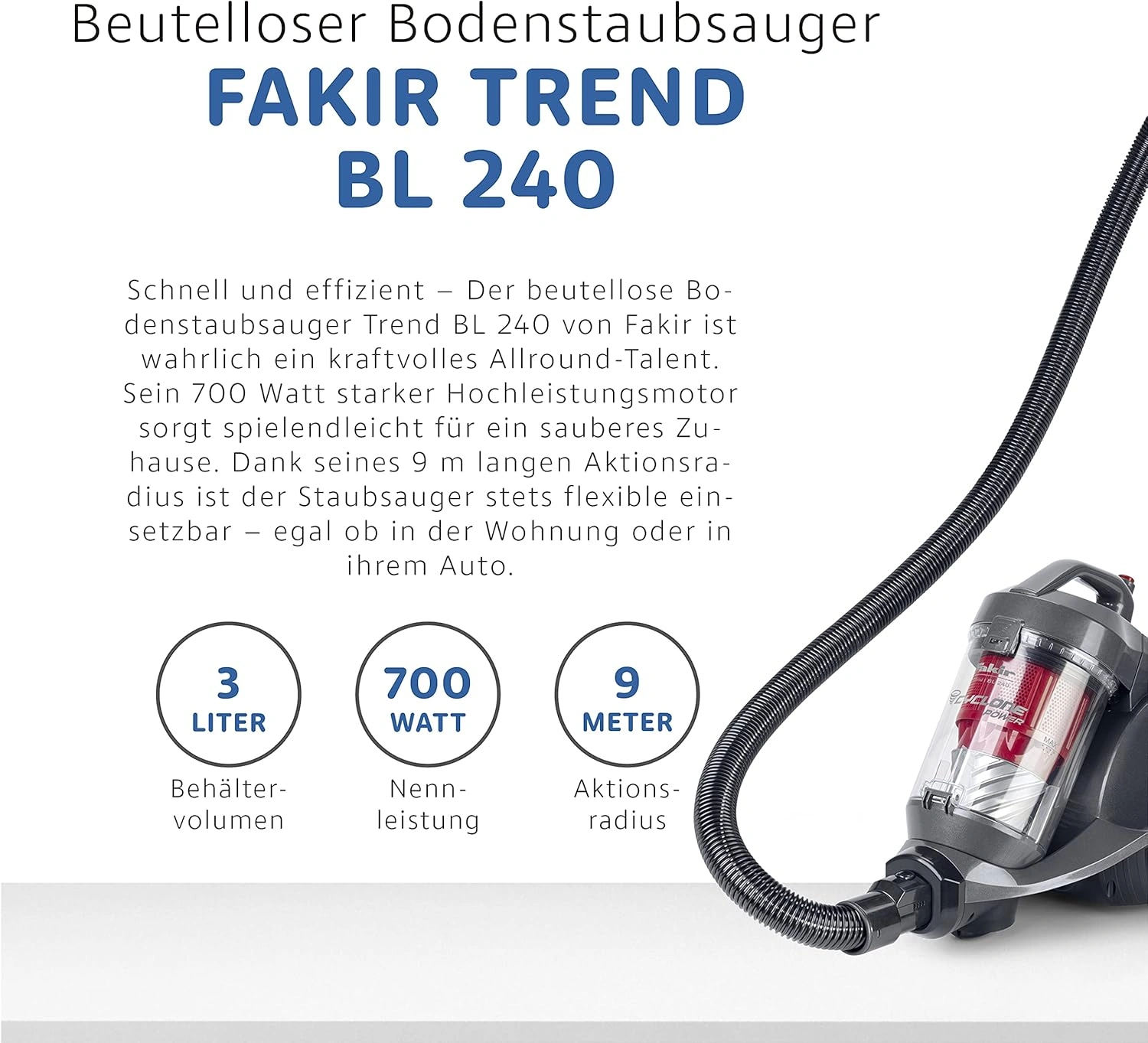 FAKIR trend BL 240 Beutelloser Bodenstaubsauger – 700 W, HEPA H13, 3 l Staubbehälter FAKIR trend BL 240 Beutelloser Bodenstaubsauger – 700 W, HEPA H13, 3 l Staubbehälter