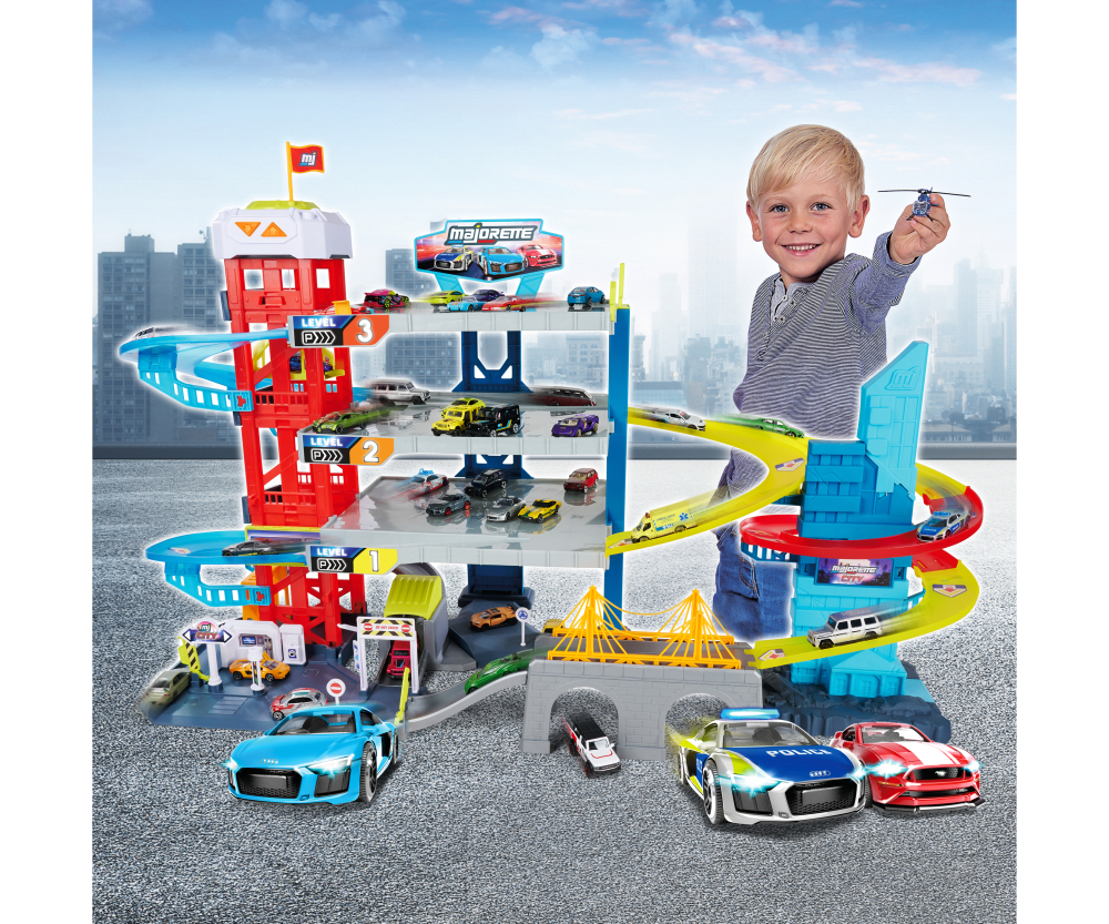Majorette Double Track Garage + 4 Vehicles