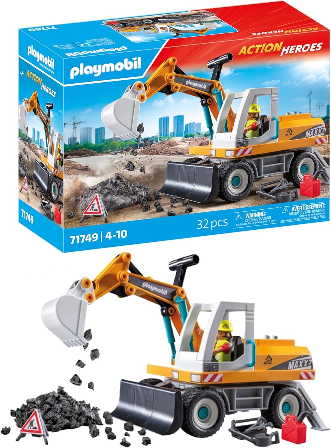PLAYMOBIL 71749 Action Heroes: Großer Bagger mit beweglicher Schaufel und Bauarbeiter Maschine, Bulldozer