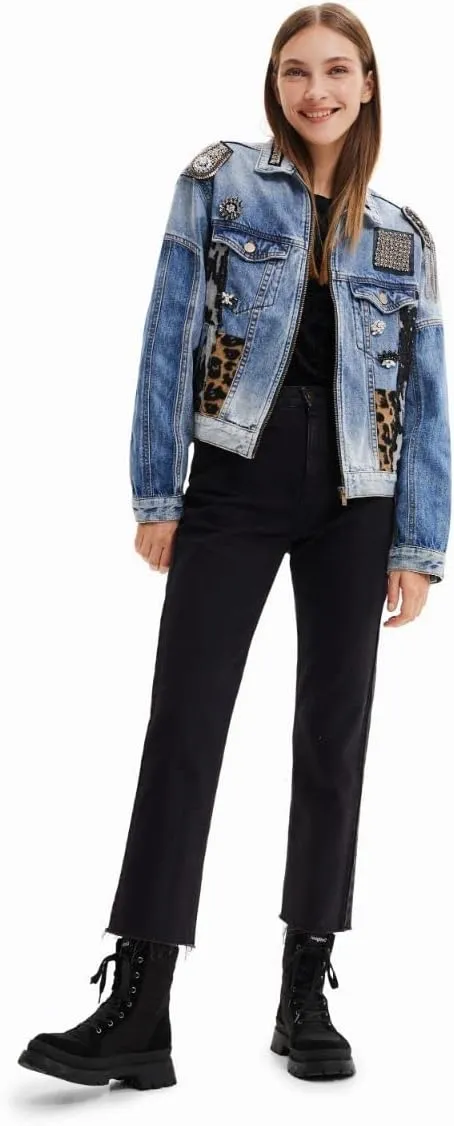 Desigual Damen Jacke - Blau, Denim mit Pailletten und Animal-Print 22WWED085005 GR. S Desigual Damen Jacke - Blau, Denim mit Pailletten und Animal-Print 22WWED085005 GR. S