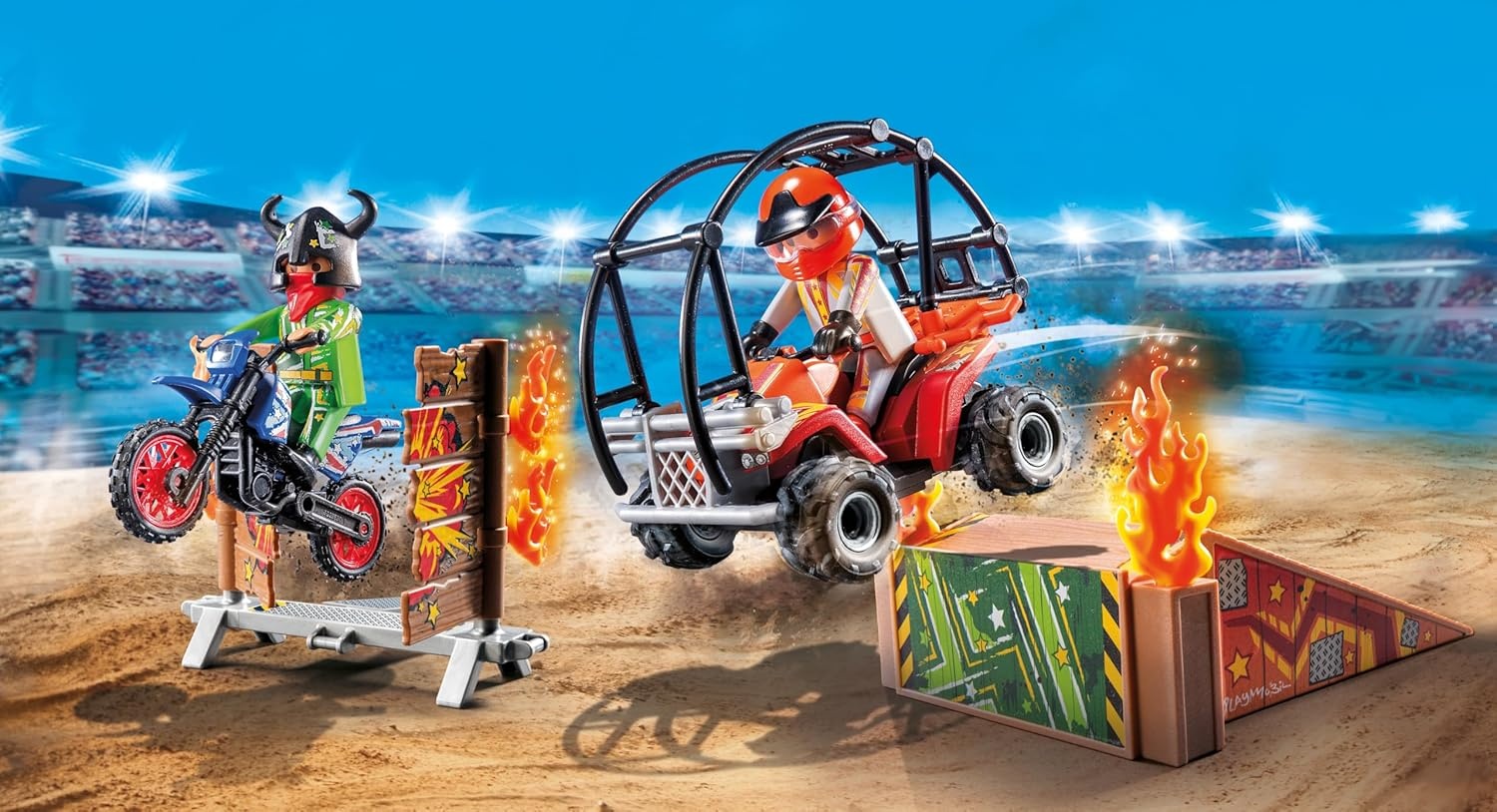 PLAYMOBIL 71808 - Action Heroes: Stunt Show mit Motorrad, Rampe & Feuerring Helme, Person