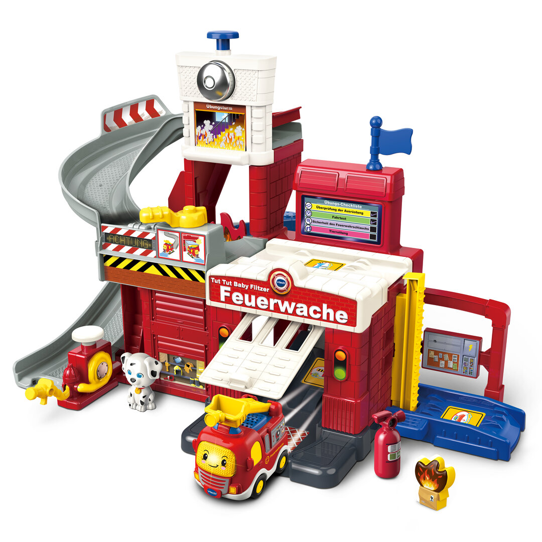 VTech Tut Tut Baby Flitzer Feuerwache, interaktives Spielgebäude ab 1 Jahr VTech Tut Tut Baby Flitzer Feuerwache aus Kunststoff mit 3 Liedern & 6 Melodien, 4 magischen Sensoren, Feuer-Spielstein, Löschschlauch, Hundefigur, kindersicher ab 1 J., Spielzeug