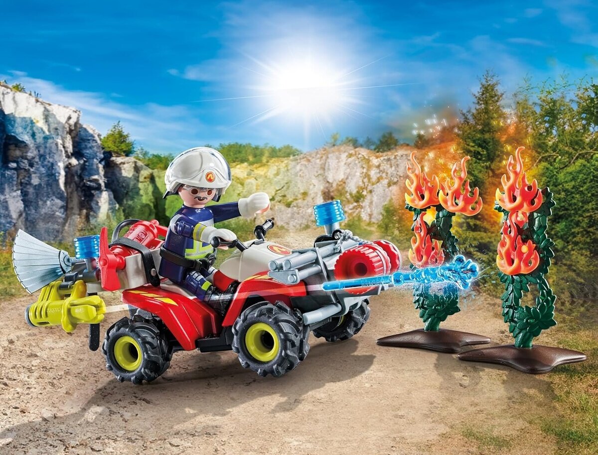 PLAYMOBIL 71825 - Action Heroes: Feuerwehr Quad mit Wasserkanone & Figur Helme, Spielzeug