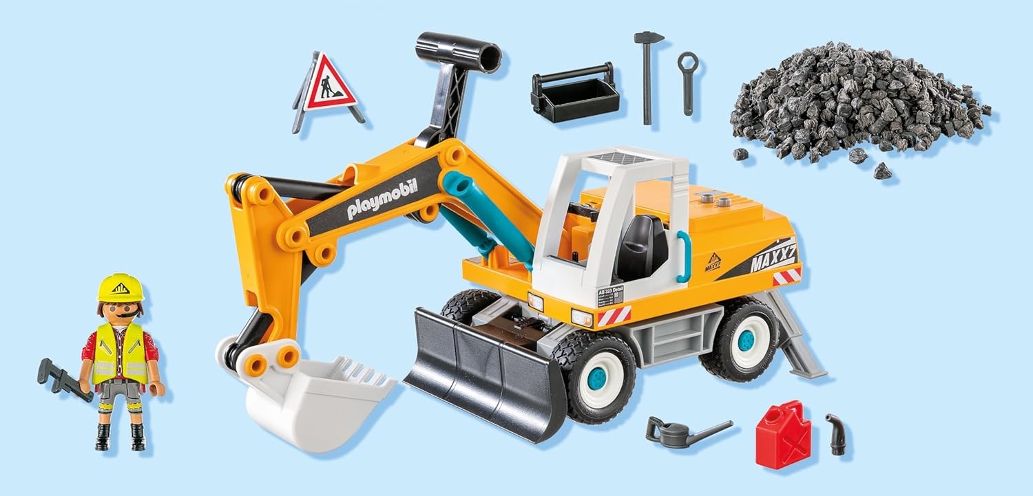 PLAYMOBIL 71749 Action Heroes: Großer Bagger mit beweglicher Schaufel und Bauarbeiter Bekleidung, Schutzhelm, Helm, Person, Maschine