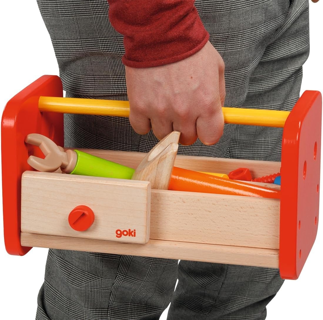 GOKI 58871 Werkbank mit Aufbewahrungsbox – 2-in-1 Spielset für kleine Handwerker