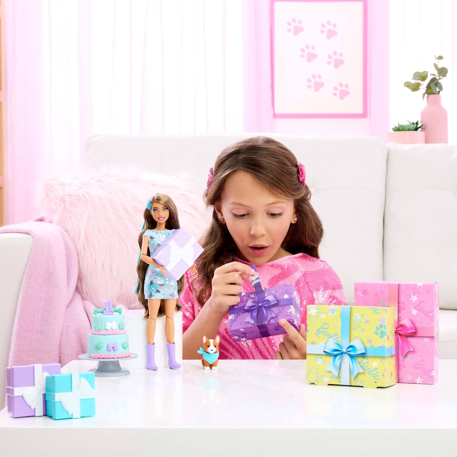 Barbie Party Unboxed Haustier Geburtstag Serie Blaues Kleid & Überraschungen JFG72 Geburtstagstorte, Nachtisch, Essen, Menschen, Person