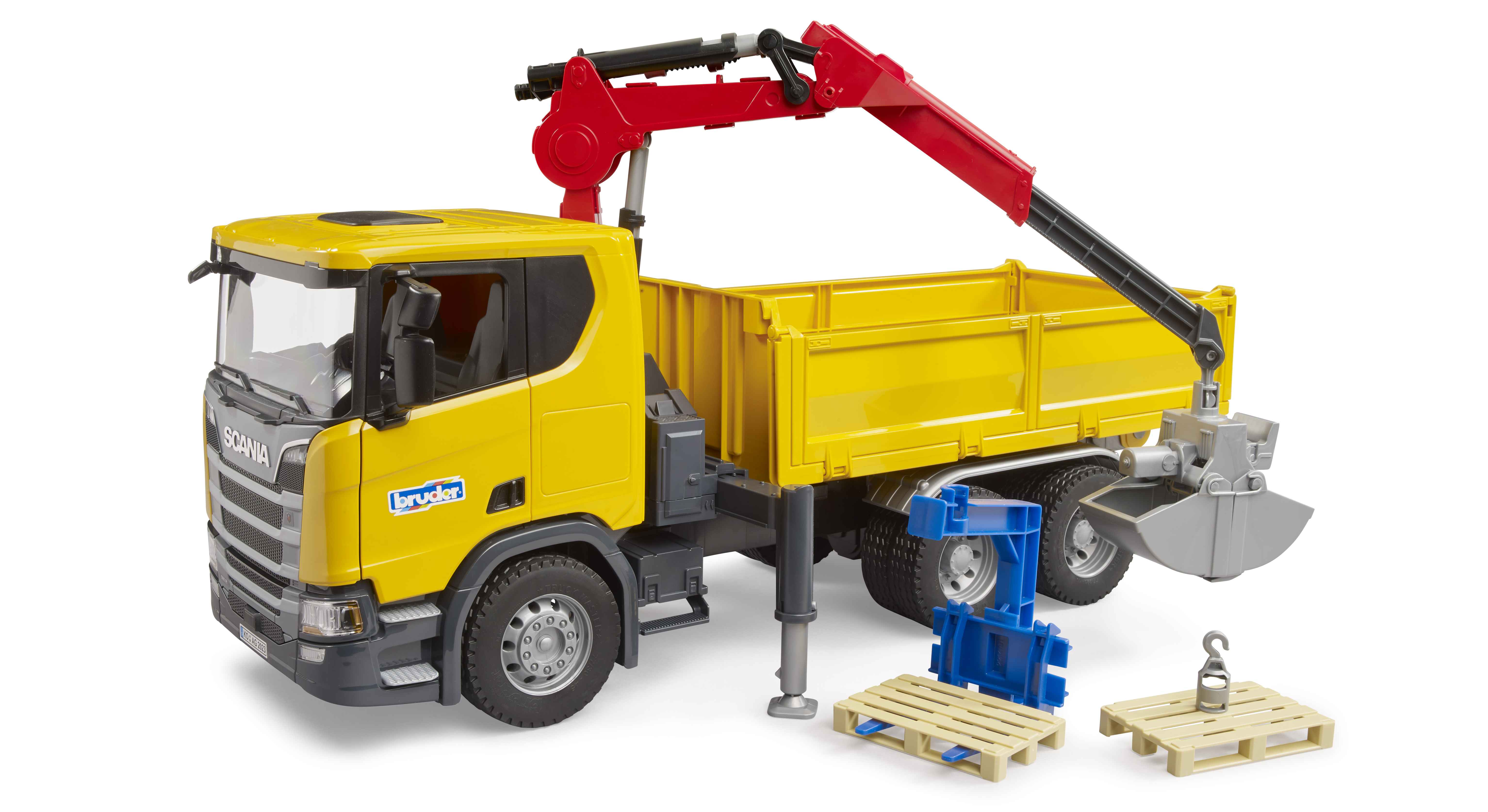 BRUDER 03551 - Scania Super 560R Baustellen-LKW mit Kran und 2 Paletten BRUDER 03551 - Scania Super 560R Baustellen-LKW mit Kran und 2 Paletten