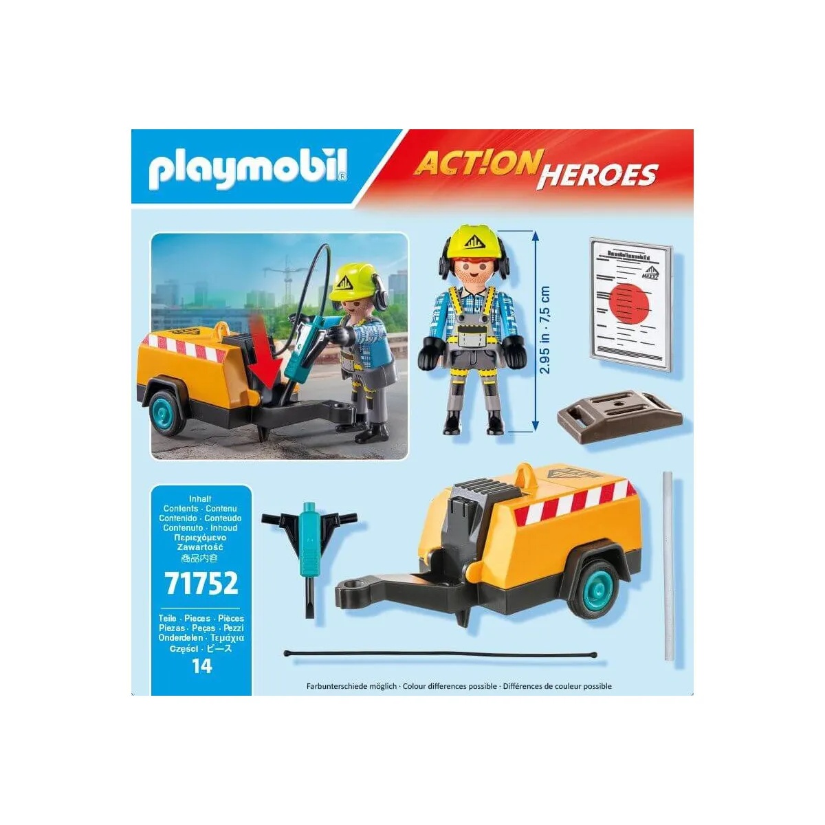 PLAYMOBIL 71752 - Action Heroes: Bauarbeiter mit Meißel, Presslufthammer & Zubehör Spielzeug, Person
