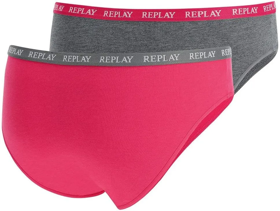 REPLAY Damen Slips I101297GP - Grau/Pink, 2er Pack mit Logo-Bund GR. L REPLAY Damen Slips I101297GP - Grau/Pink, 2er Pack mit Logo-Bund GR. L