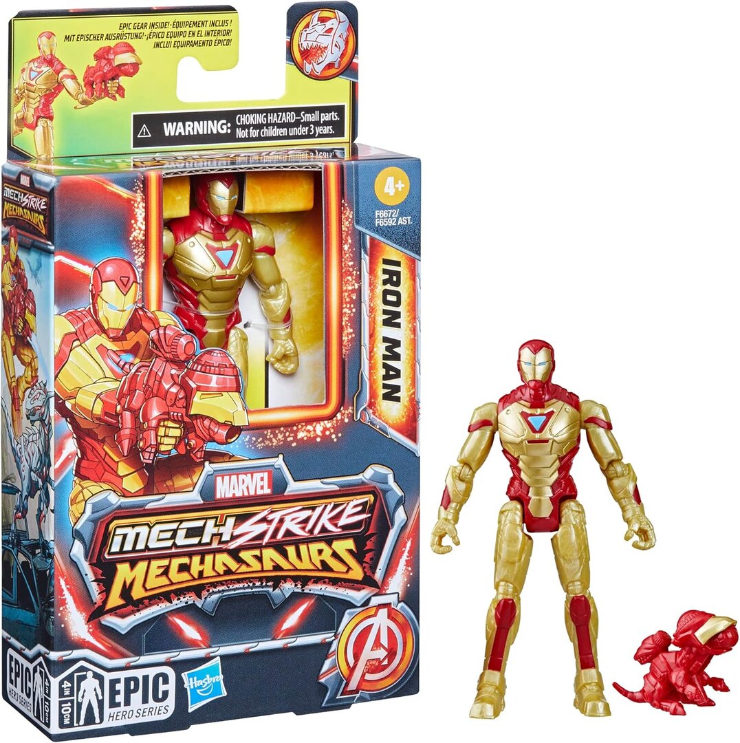 MARVEL Mech Strike Mechasaurs Iron Man Actionfigur, 10,2 cm, mit Waffenzubehör, Spielzeug für Kinder ab 4 Jahren, Medium
