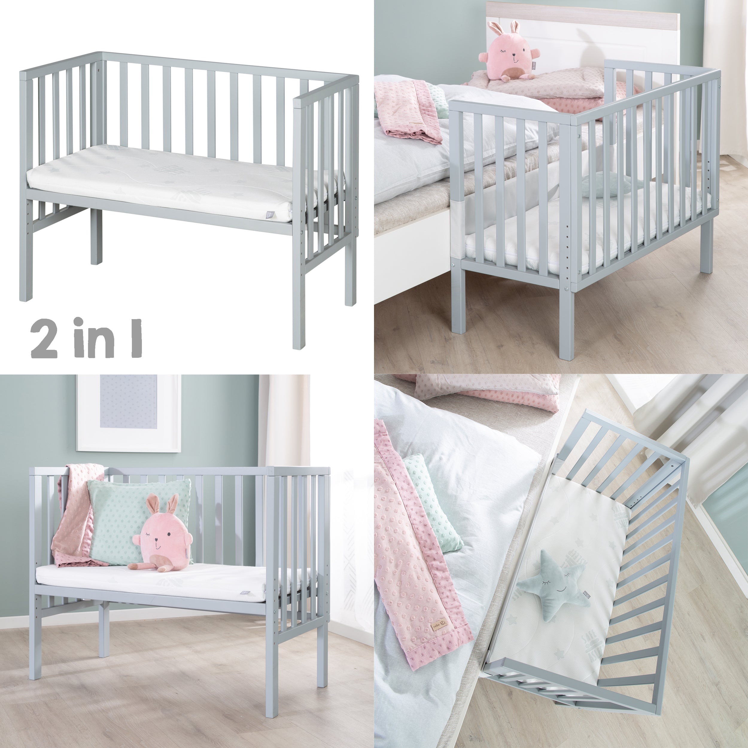 Roba 8970TP1 Beistellbett 2in1 mit Barriere + Matratze taupe – Stubenbetten - Bild 2 Roba 8970TP1 Beistellbett 2in1 mit Barriere + Matratze taupe – Stubenbetten - Produktbild 2