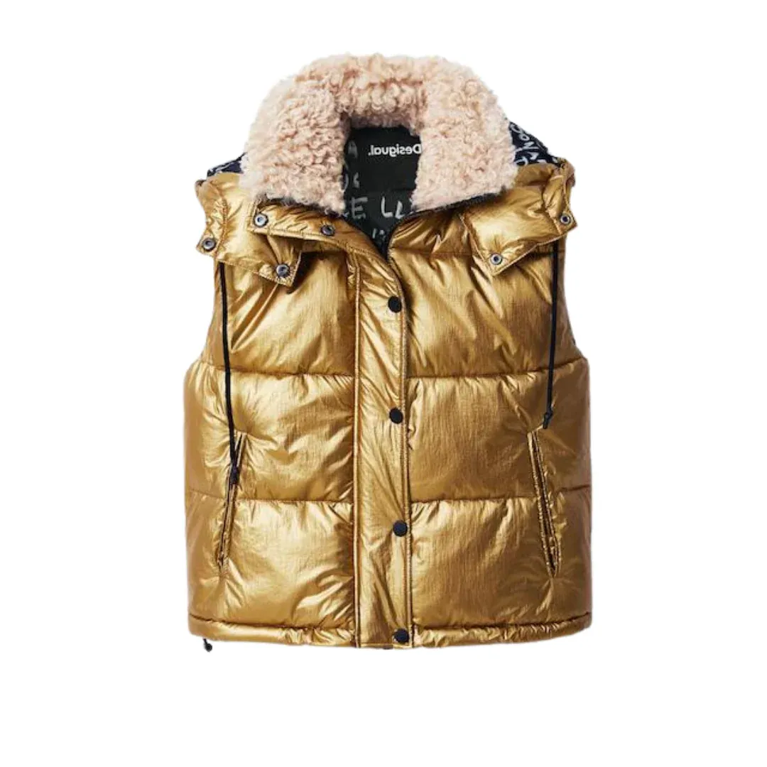 Desigual Damen Weste - Gold, Kurz-Steppweste mit Kunstfellkragen 22WWEW268033 GR. L Desigual Damen Weste - Gold, Kurz-Steppweste mit Kunstfellkragen 22WWEW268033 GR. L