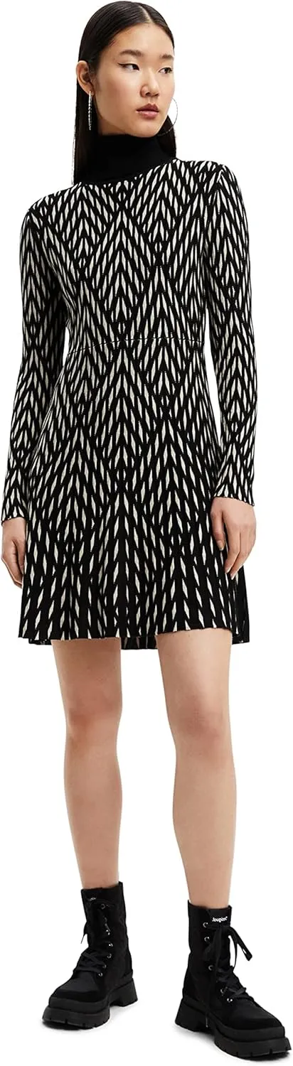 Desigual Damen Kleid - Schwarz-weißes Strickkleid mit Rollkragen 22WWVF072000 GR. S Desigual Damen Kleid - Schwarz-weißes Strickkleid mit Rollkragen 22WWVF072000 GR. S