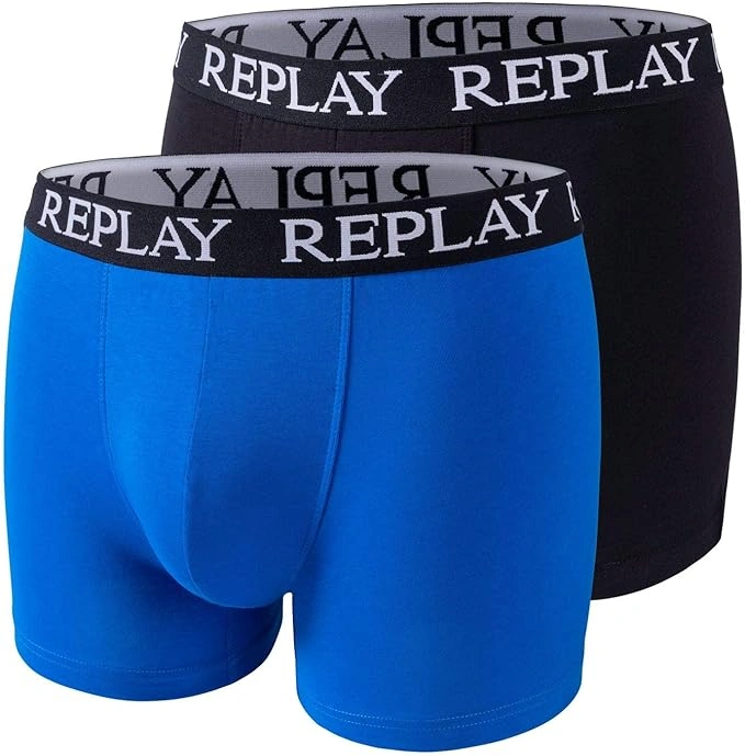 REPLAY Herren Boxershorts I101005BB - Blau/Schwarz, 2er Pack Cotton-Stretch GR. L