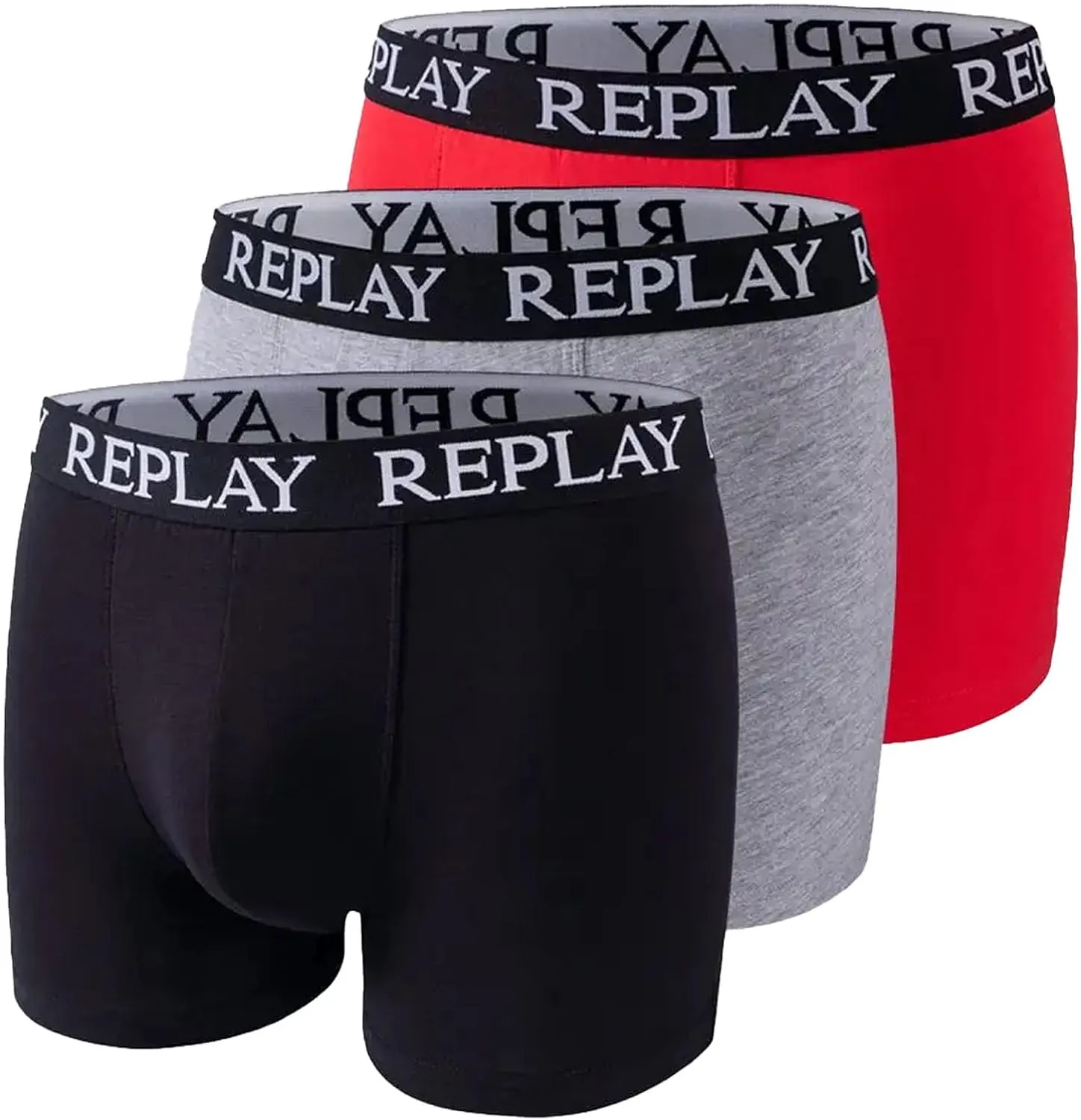 REPLAY Herren Boxershorts I101102BGR – Schwarz/Grau/Rot, 3er Pack Cotton-Stretch GR. L