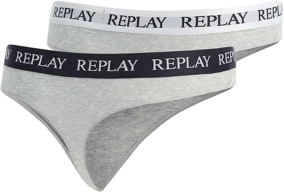 REPLAY Damen Strings I101296GR - Grau/Weiß/Schwarz, 2er Pack mit Logo-Bund GR. L REPLAY Damen Strings I101296GR - Grau/Weiß/Schwarz, 2er Pack mit Logo-Bund GR. L