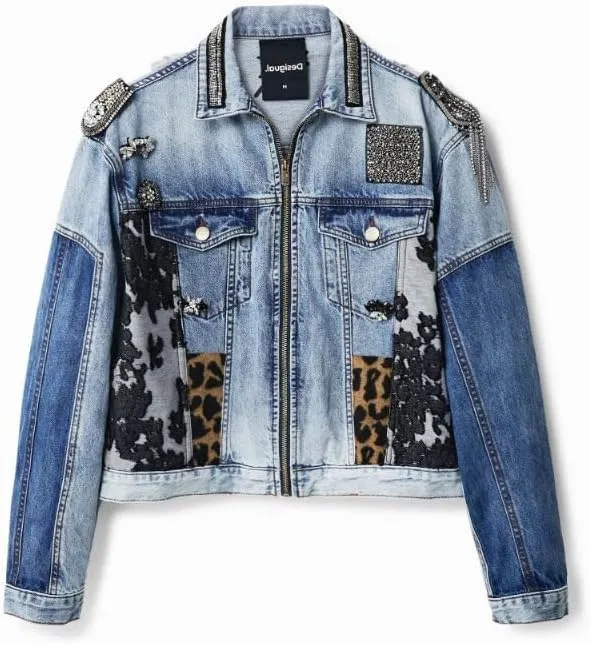 Desigual Damen Jacke - Blau, Denim mit Pailletten und Animal-Print 22WWED085005 GR. S Desigual Damen Jacke - Blau, Denim mit Pailletten und Animal-Print 22WWED085005 GR. S