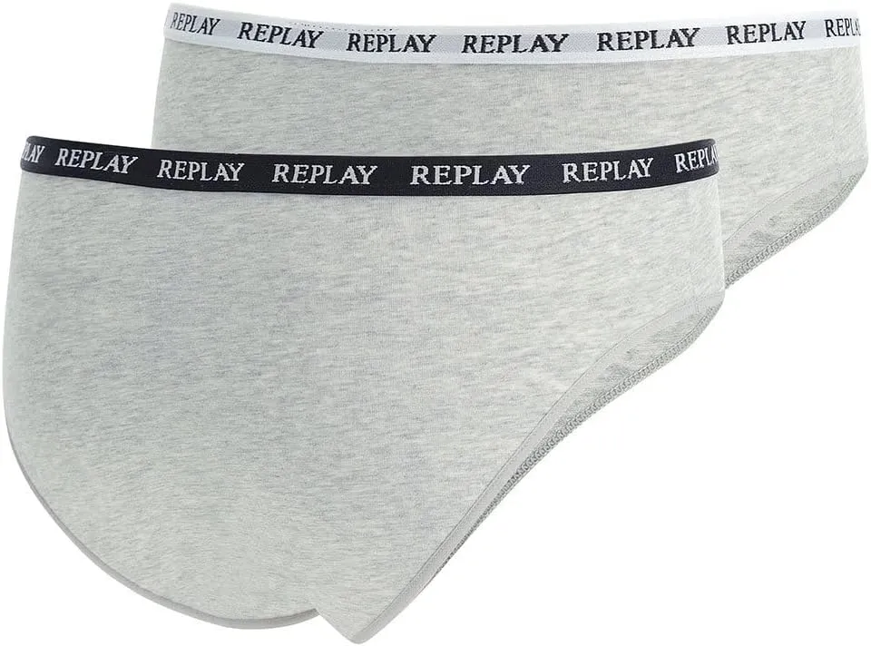 REPLAY Damen Slips I101297GR - Grau/Weiß/Schwarz, 2er Pack mit Logo-Bund GR. L REPLAY Damen Slips I101297GR - Grau/Weiß/Schwarz, 2er Pack mit Logo-Bund GR. L