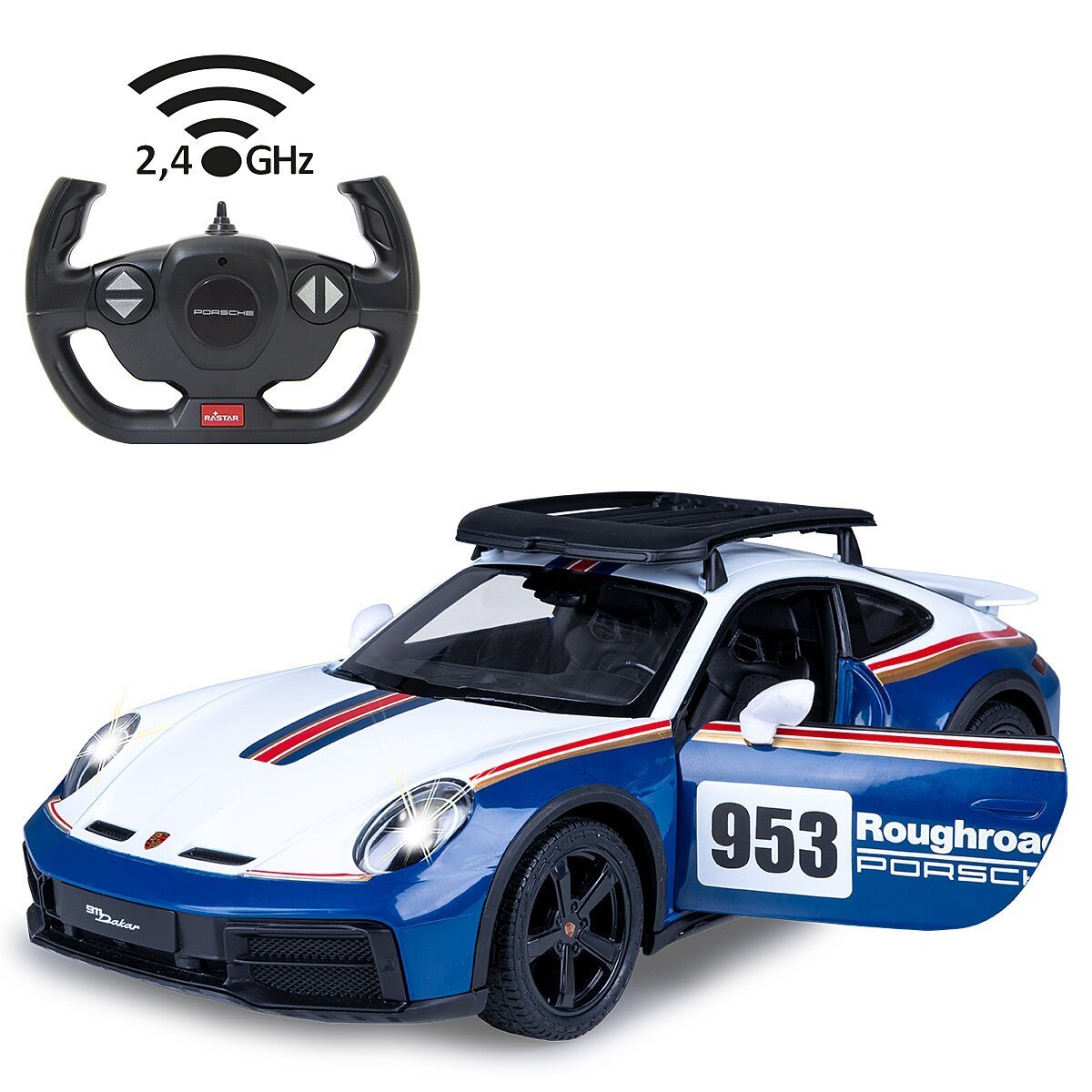 JAMARA Porsche 911 Dakar Performance 1:14 blau 2,4GHz Tür manuell ab 6 Jahren