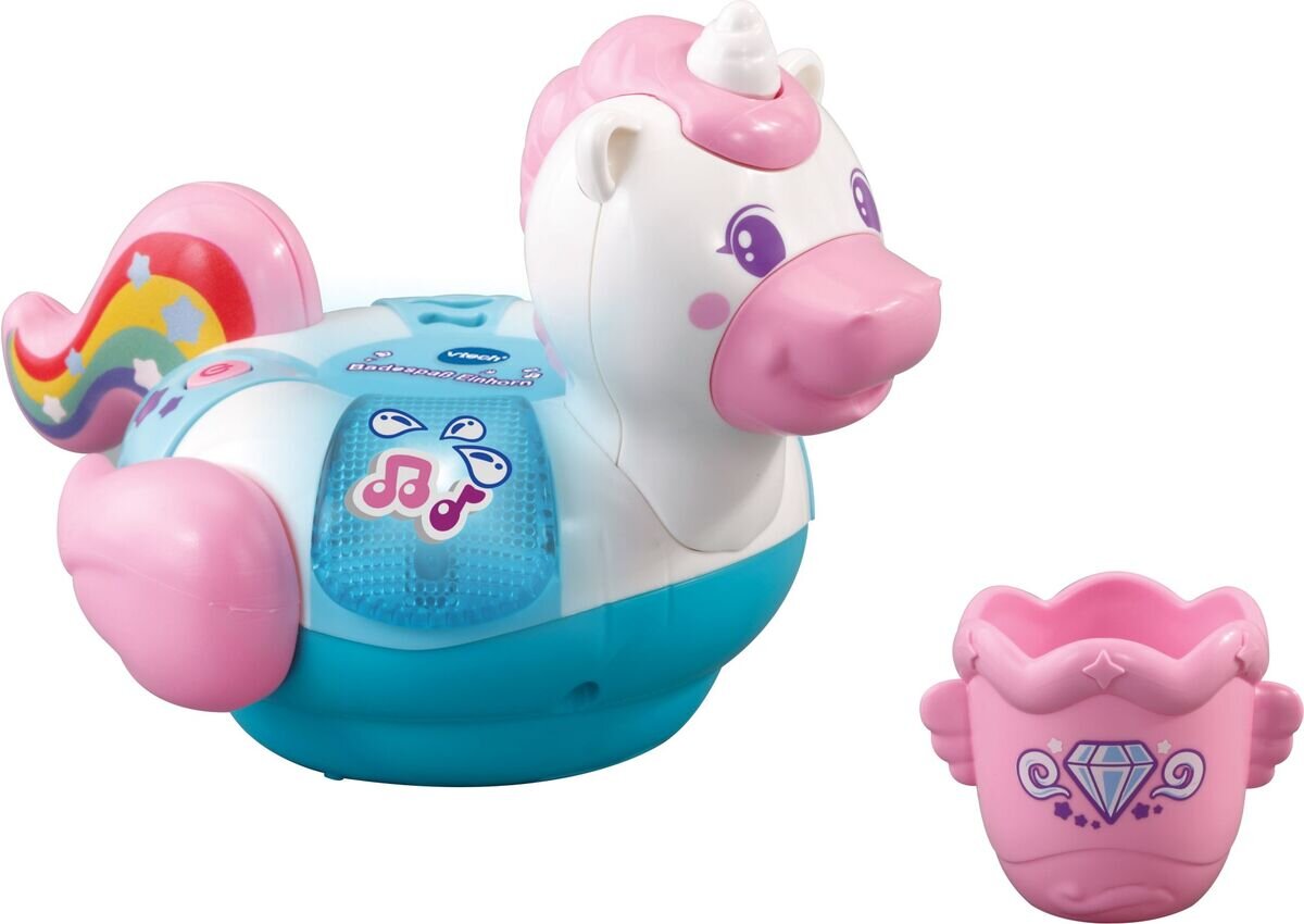 VTech Baby Badespaß Einhorn sprechender und singender Bade-Einhorngürtel, ab 12 Monaten VTech Badespaß Einhorn Musikspielzeug für die Badewanne mit Lichttaste, 3 Liedern & 15 Melodien, inklusive Eimer, wasserdichtes Batteriefach, Auto-Off, 12 Monate 5 Jahre,