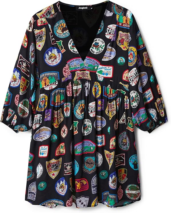 Desigual Damen Kleid - Schwarzes Kleid mit buntem Abzeichen-Print 22WWVW712000 GR. XL Ärmel, Strandmode, Mantel, Kleid, Bluse