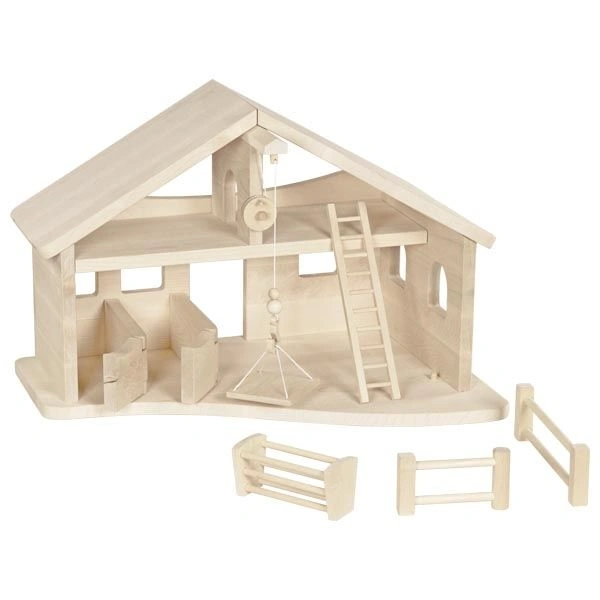 goki Holzstelzen Stall mit Seilwinde - Massivholz-Bauernhofstall, 56,5 × 38 × 39,5 cm goki Holzstelzen Stall mit Seilwinde - Massivholz-Bauernhofstall, 56,5 × 38 × 39,5 cm