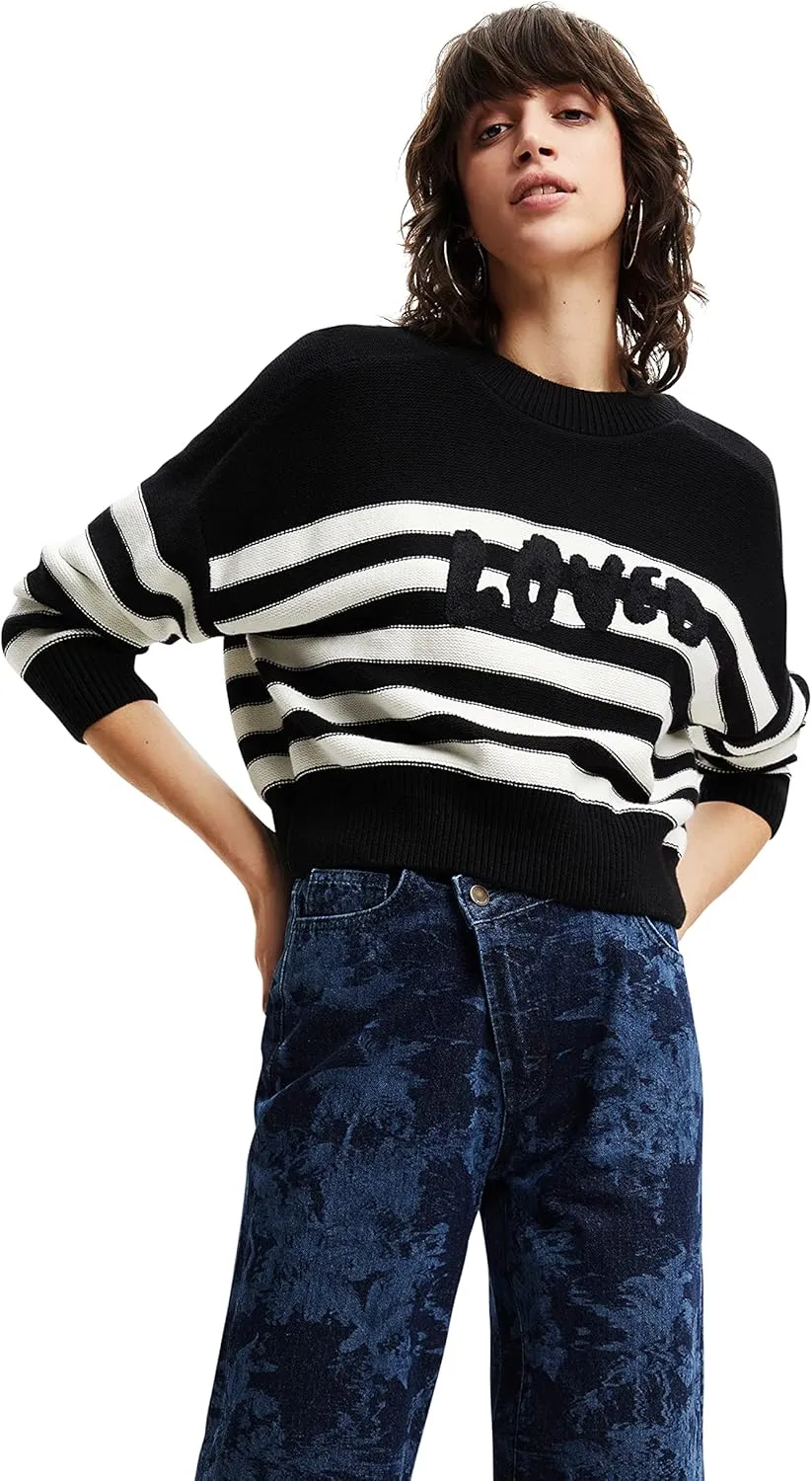 Desigual Damen Pullover - Gestreifter Strickpullover mit „Loved“ Schriftzug 22WWJF262000 GR. M Desigual Damen Pullover - Gestreifter Strickpullover mit „Loved“ Schriftzug 22WWJF262000 GR. M
