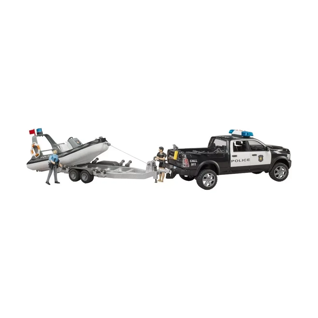 Bruder 02507 RAM 2500 Polizei Pickup mit L + S Modul, Anhänger, Boot und 2 Figuren