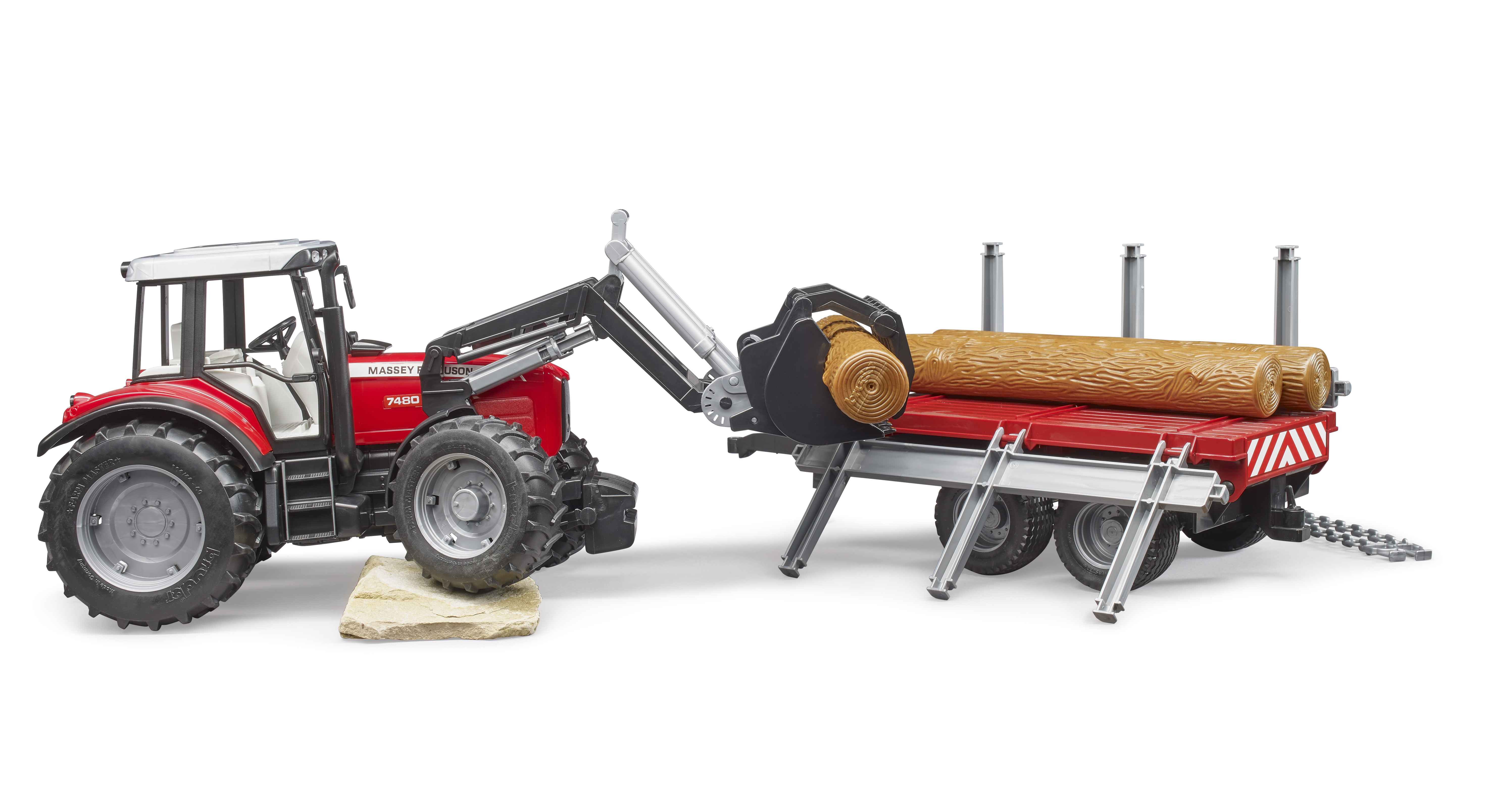 BRUDER 02046 - Massey Ferguson 7480 mit Frontlader, Holztransportanhänger und 3 Baumstämmen - Bild 2 BRUDER 02046 - Massey Ferguson 7480 mit Frontlader, Holztransportanhänger und 3 Baumstämmen - Bild 2
