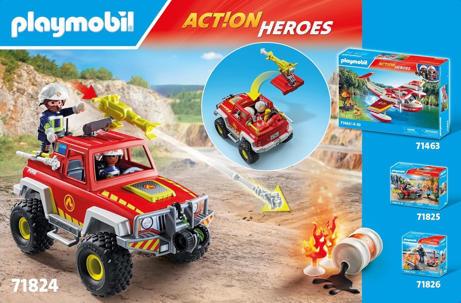 PLAYMOBIL 71824 - Action Heroes: Feuerwehrtruck mit Figur & Ölfass-Einsatz Flugzeug, Fahrzeug, Baby, Person, Handschuh