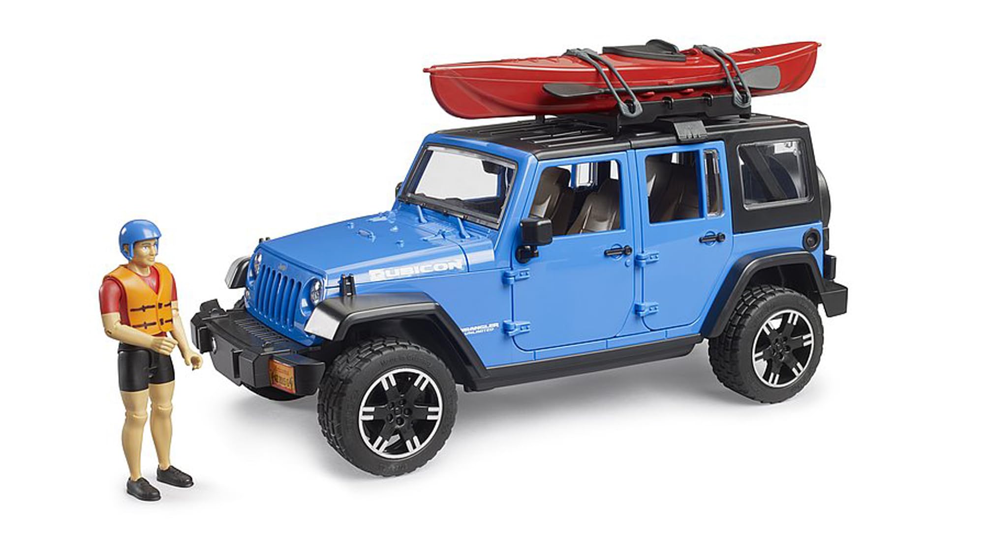Bruder 02529 - Jeep Wrangler Rubicon Unlimited mit Kajak & Figur DE Moebel, Weste, Person, Auto, Rettungsweste