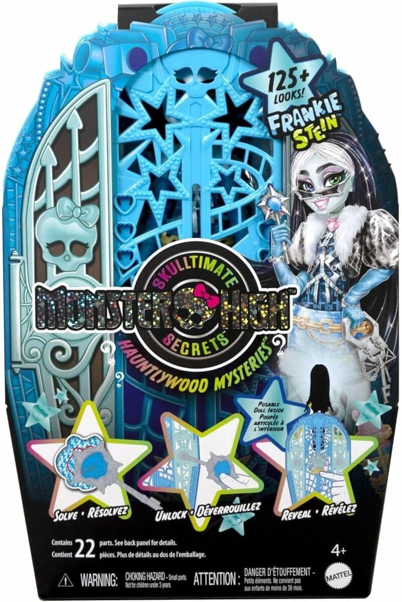 Monster High Skulltimate Secrets Hauntlywood-Mysteries-Spielset, Frankie-Stein-Puppe mit mehr als 19 Überraschungen Werbung, Plakat, Person, Gesicht, Kopf