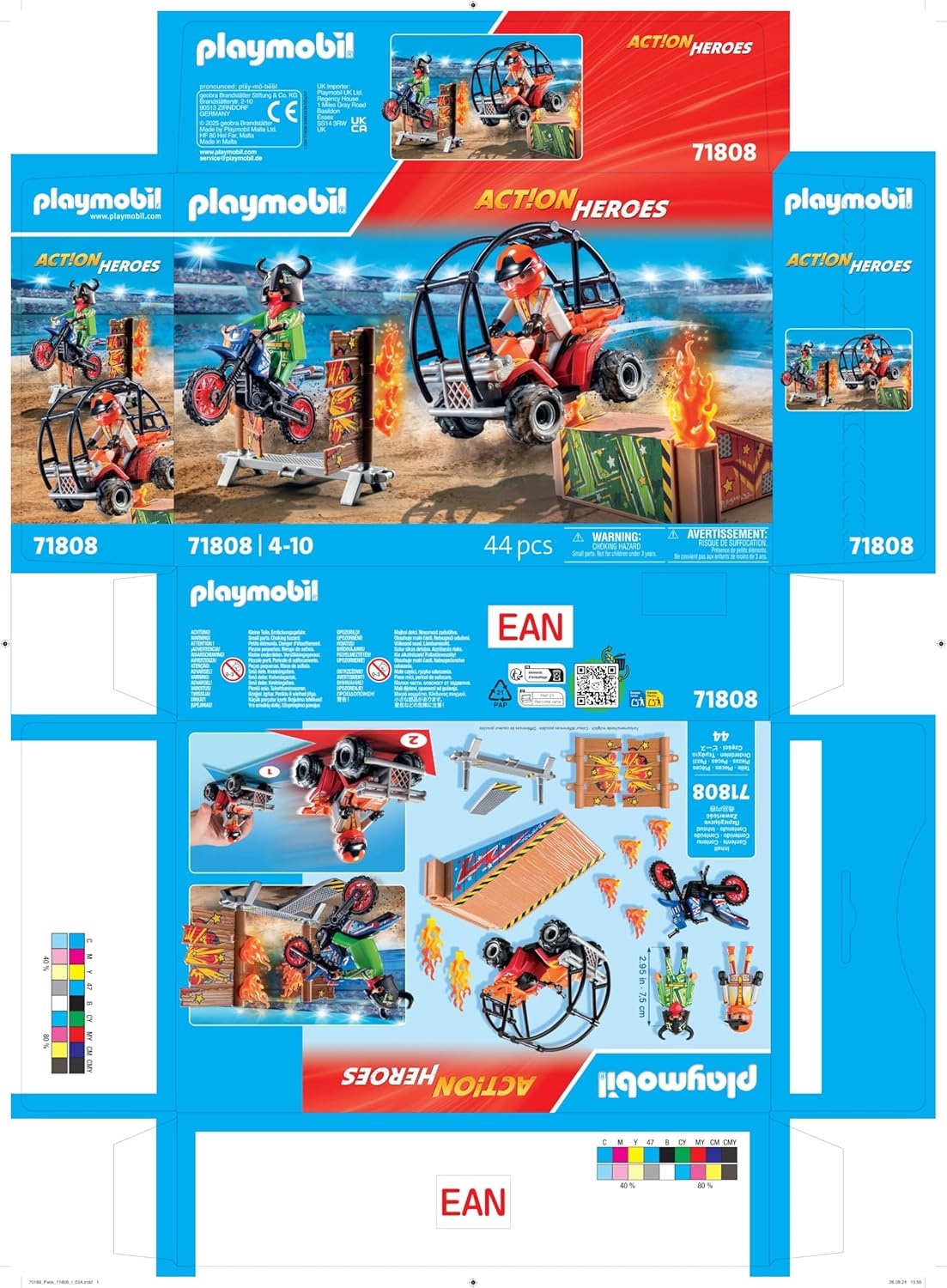 PLAYMOBIL 71808 - Action Heroes: Stunt Show mit Motorrad, Rampe & Feuerring Werbung, Plakat, Motorrad, Rad, Person