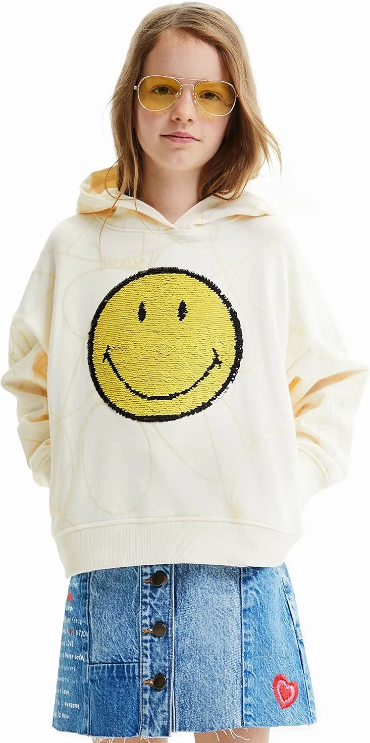 Desigual Mädchen Hoodie - Weiß mit Smiley-Motiv 22WGSK151001 GR. L Desigual Mädchen Hoodie - Weiß mit Smiley-Motiv 22WGSK151001 GR. L