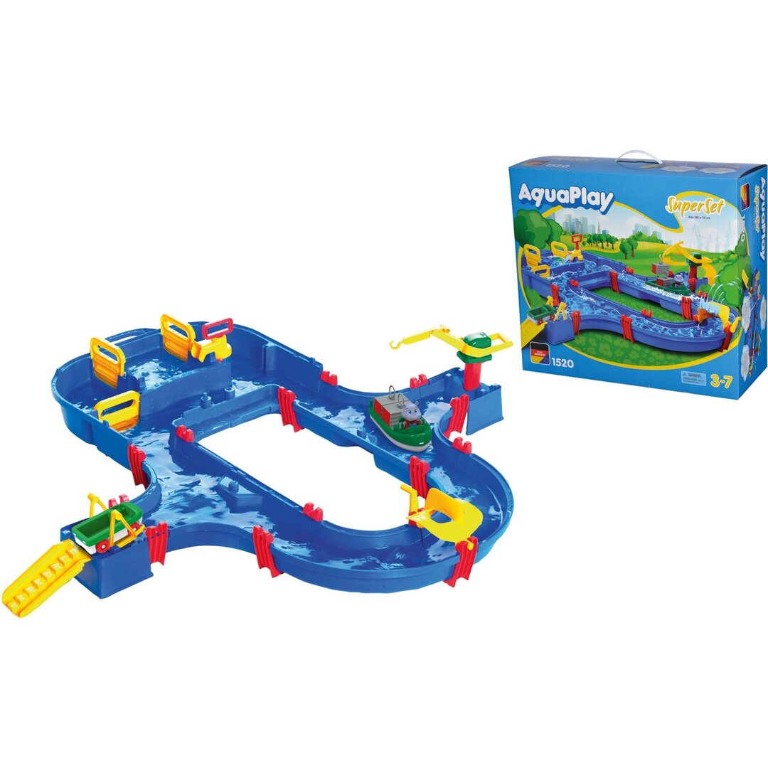 AquaPlay 8700001520 Superset - Wasserbahn mit vielen Spielfunktionen bestehend aus 41 Teilen, Spieleset inklusive 1 Hippo Wilma, Amphibienauto und Transportboot mit 2 Containern